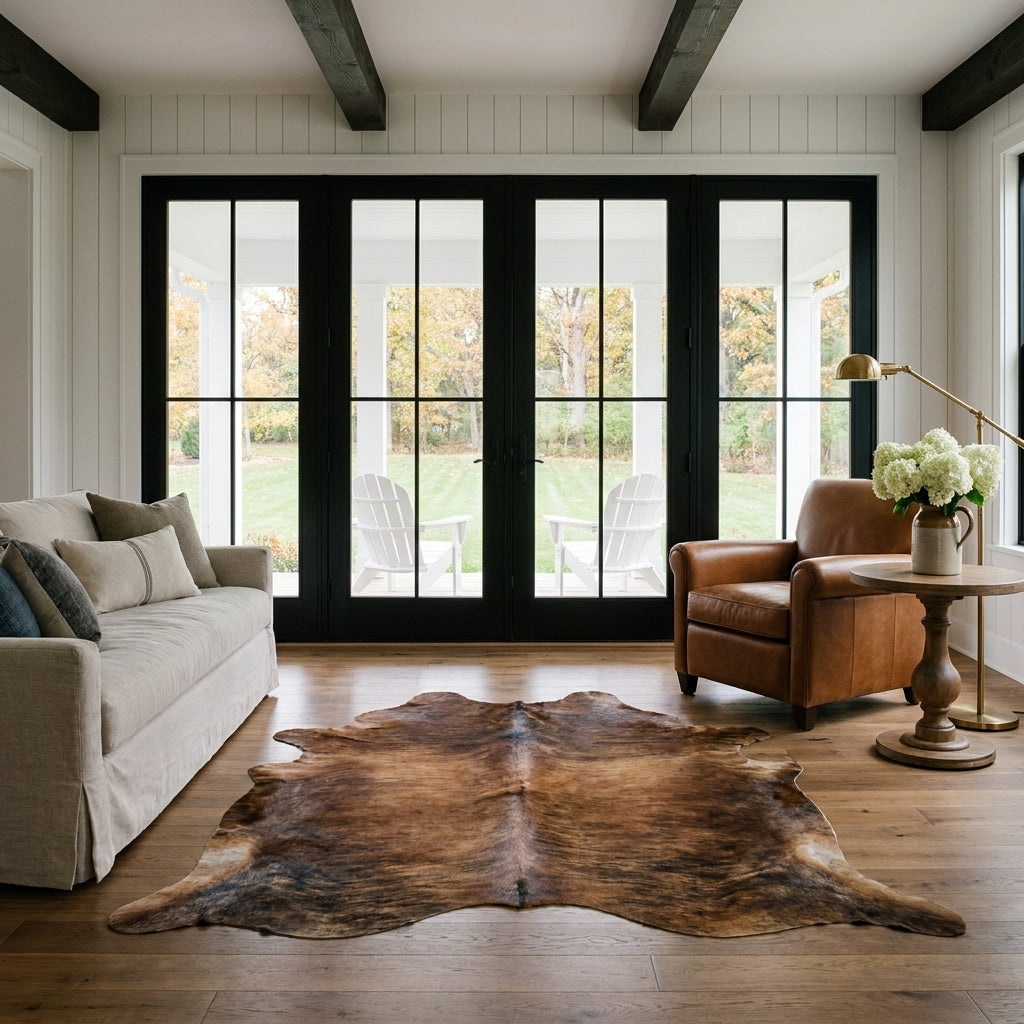 Red brown and black brindle cowhide rug in a modern farmhouse living room with black French doors and a leather club chair