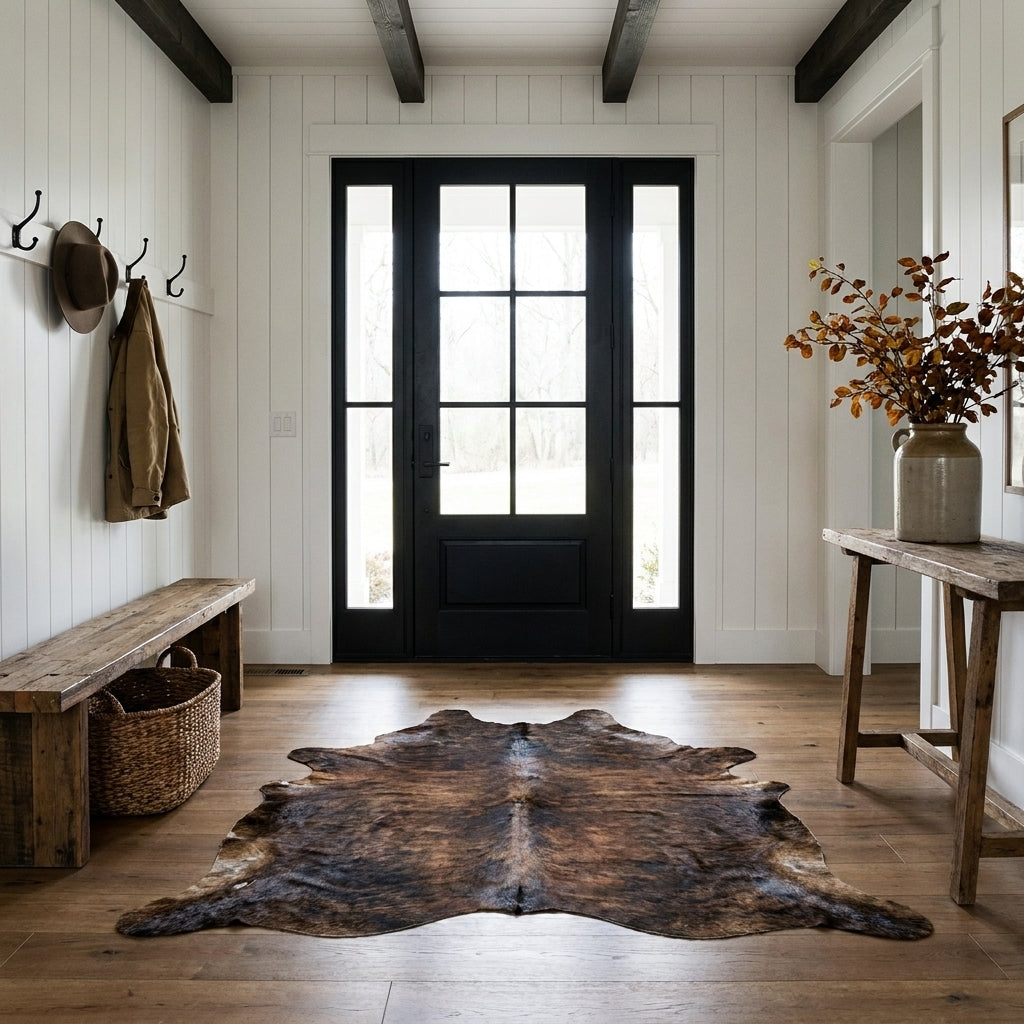 Reddish brown and black brindle cowhide rug on the oak floor of a modern farmhouse entry hall with a wooden bench and black front door