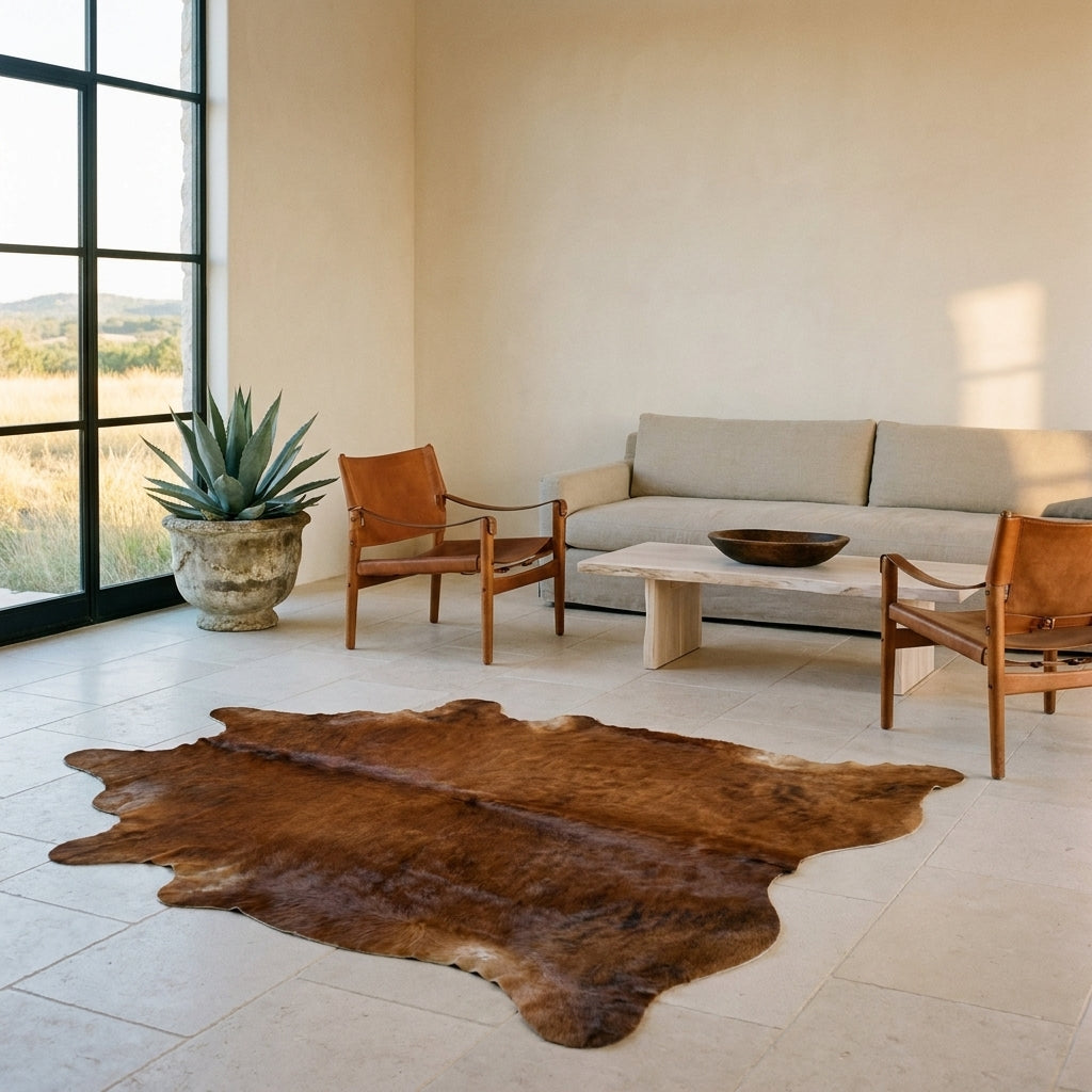 Red brown and black brindle cowhide rug on a limestone floor in a minimal Hill Country living room with leather sling chairs