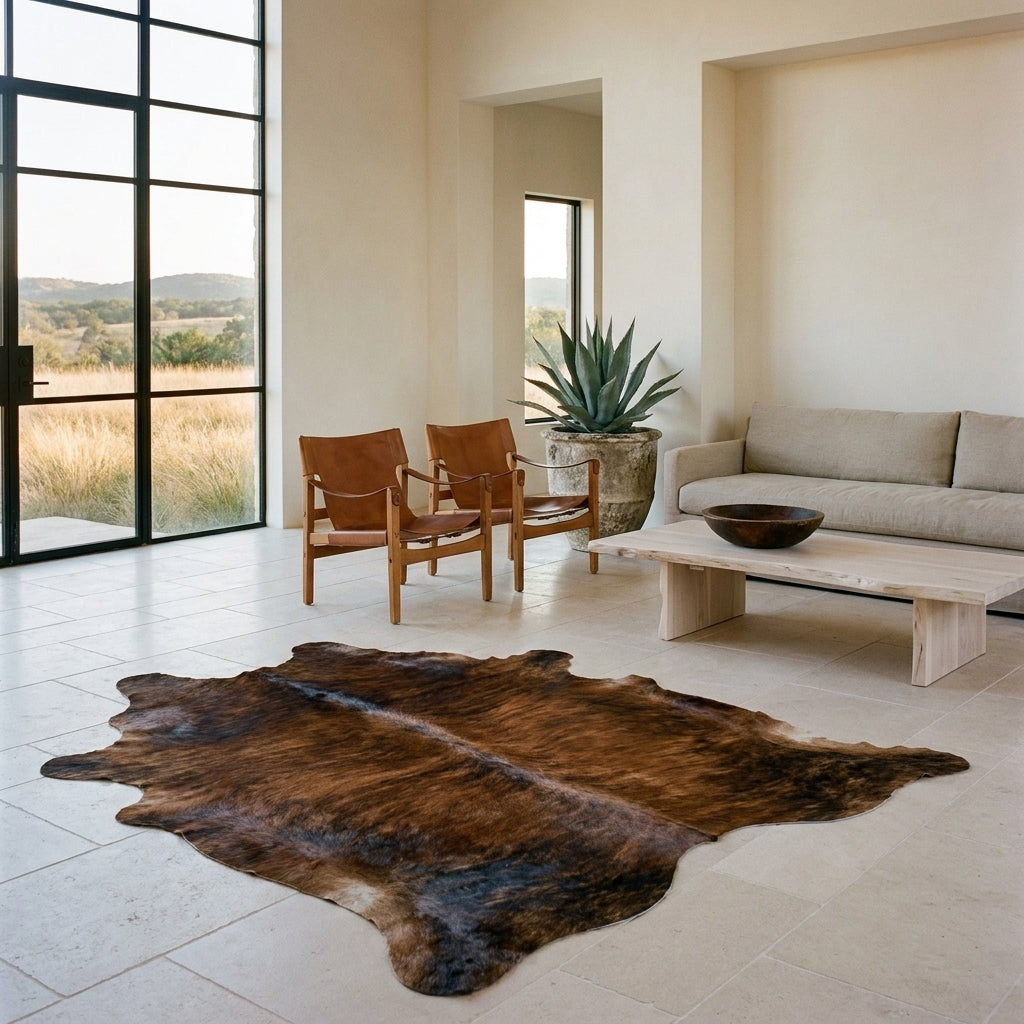 Reddish brown and black brindle cowhide rug on a limestone floor in a minimal Hill Country living room