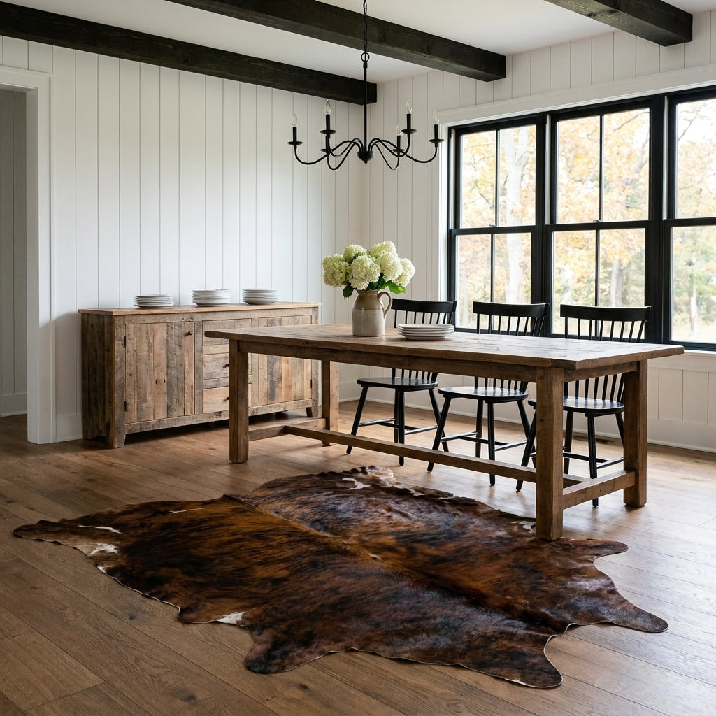 Reddish brown and black cowhide rug in a modern farmhouse dining room beside a rustic wood table