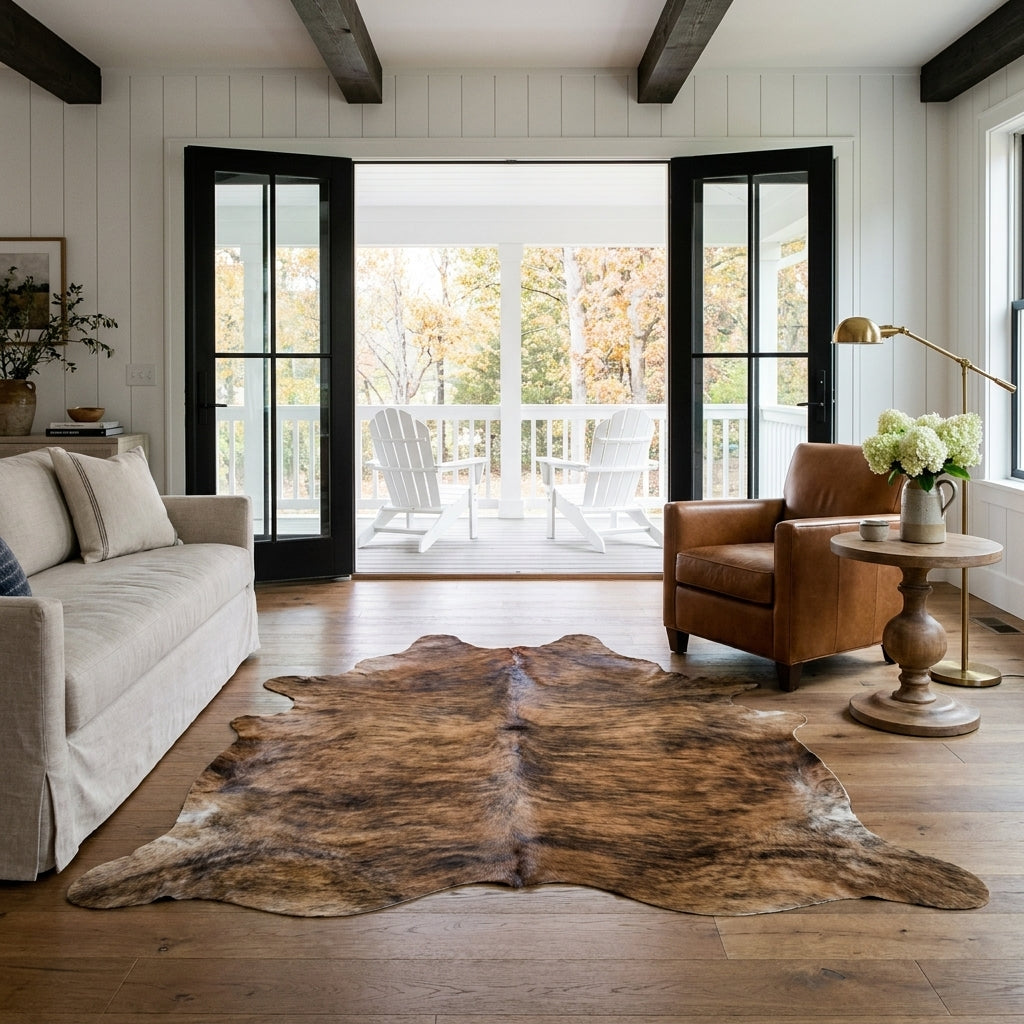 Brown and black brindle cowhide rug in a farmhouse living room with French doors open to a covered porch
