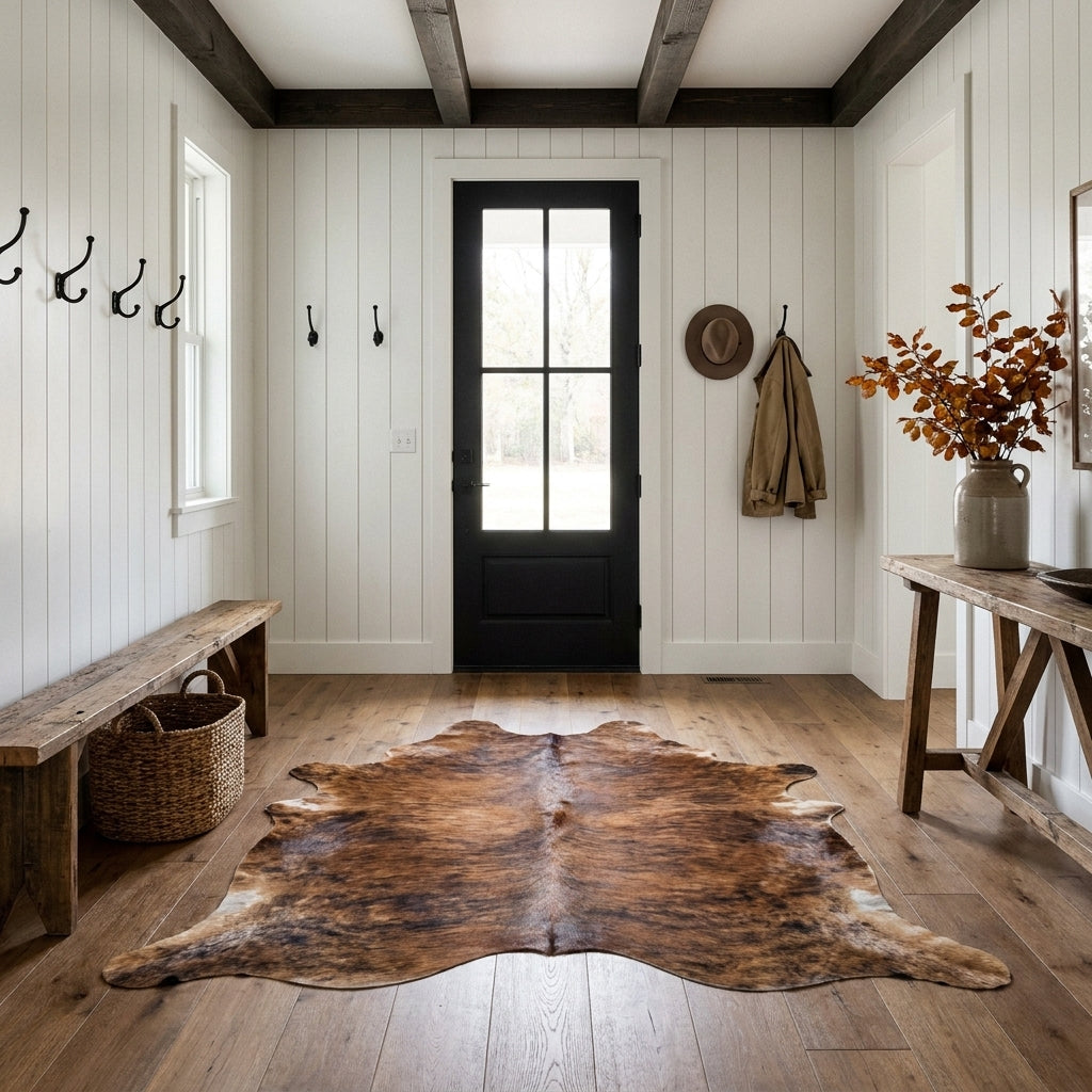 Reddish brown and black brindle cowhide rug in a farmhouse entryway with a wood bench and black front door