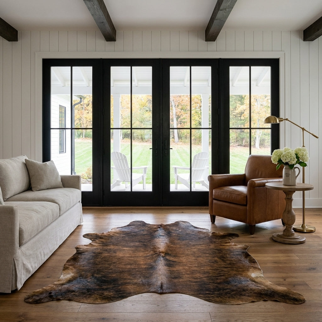 Brown and black brindle cowhide rug in a farmhouse living room in front of black French doors