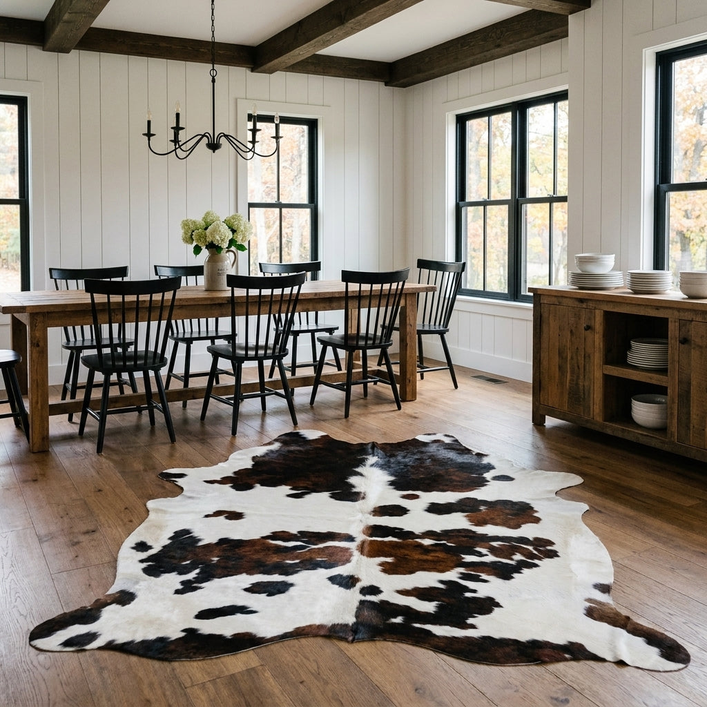 Tricolor black, brown and white cowhide rug in a modern farmhouse dining room in front of a rustic wood table