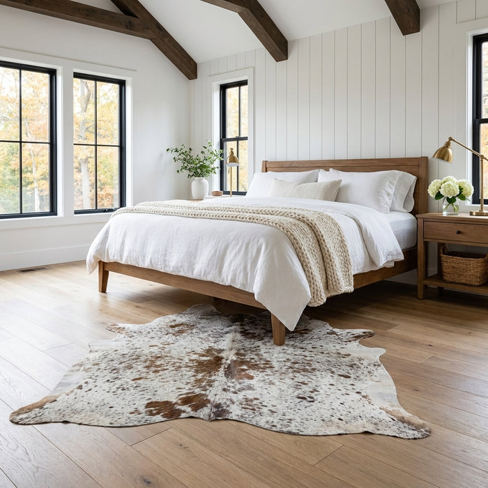 Speckled tricolor cowhide rug beside a white linen bed in a bright farmhouse bedroom