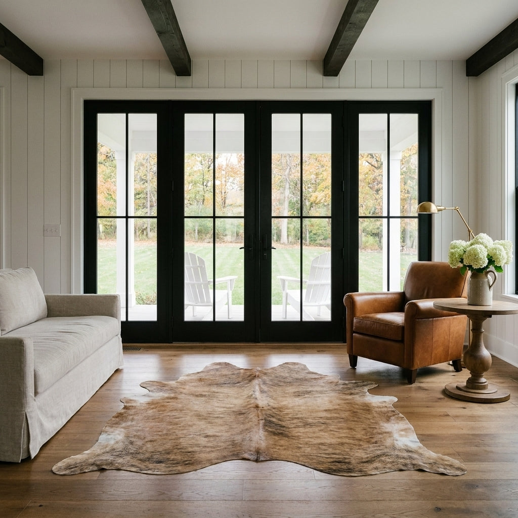 Light brown brindle cowhide rug in a farmhouse living room in front of black French doors