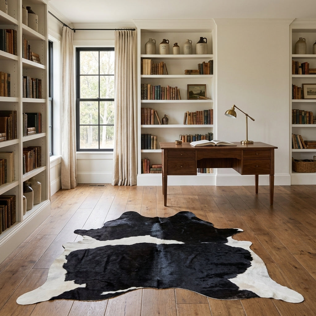 Black and white cowhide rug on an oak floor in a farmhouse study with built-in bookshelves