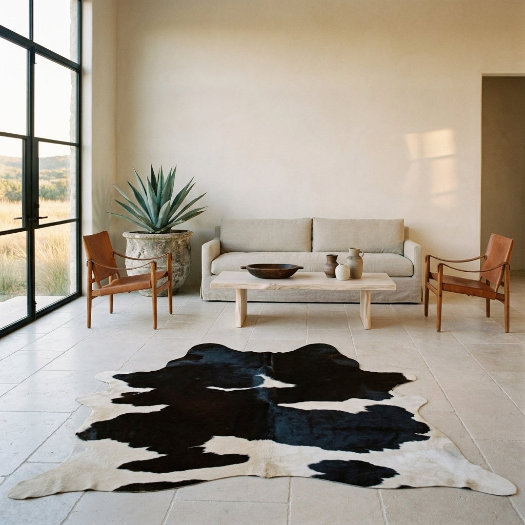 Black and white cowhide rug on a limestone floor in a minimal Hill Country living room with leather sling chairs
