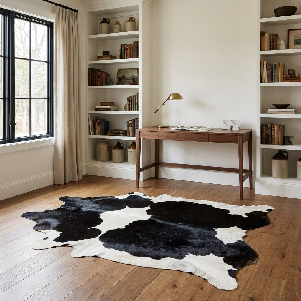 Black and white cowhide rug on an oak floor in a farmhouse study with built-in bookshelves