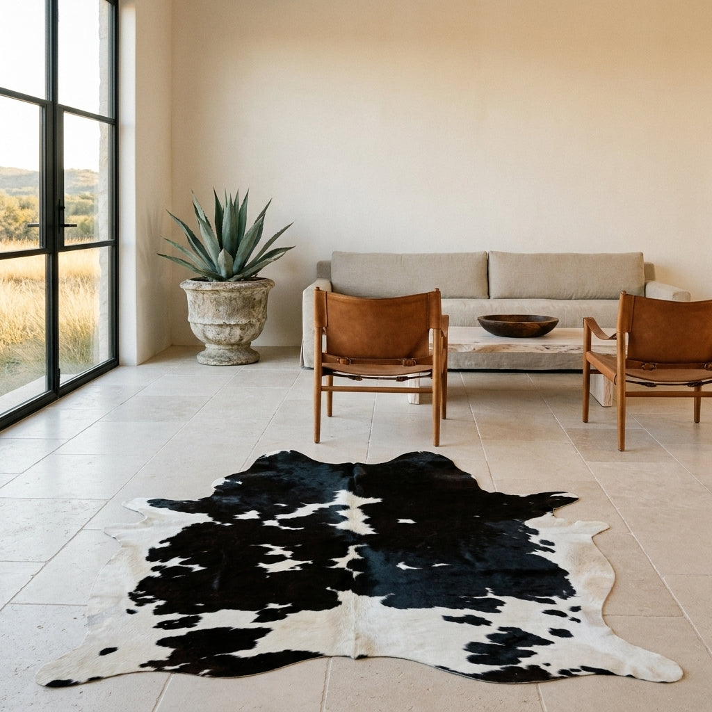 Large black and white cowhide rug on a limestone floor in a minimal Hill Country living room