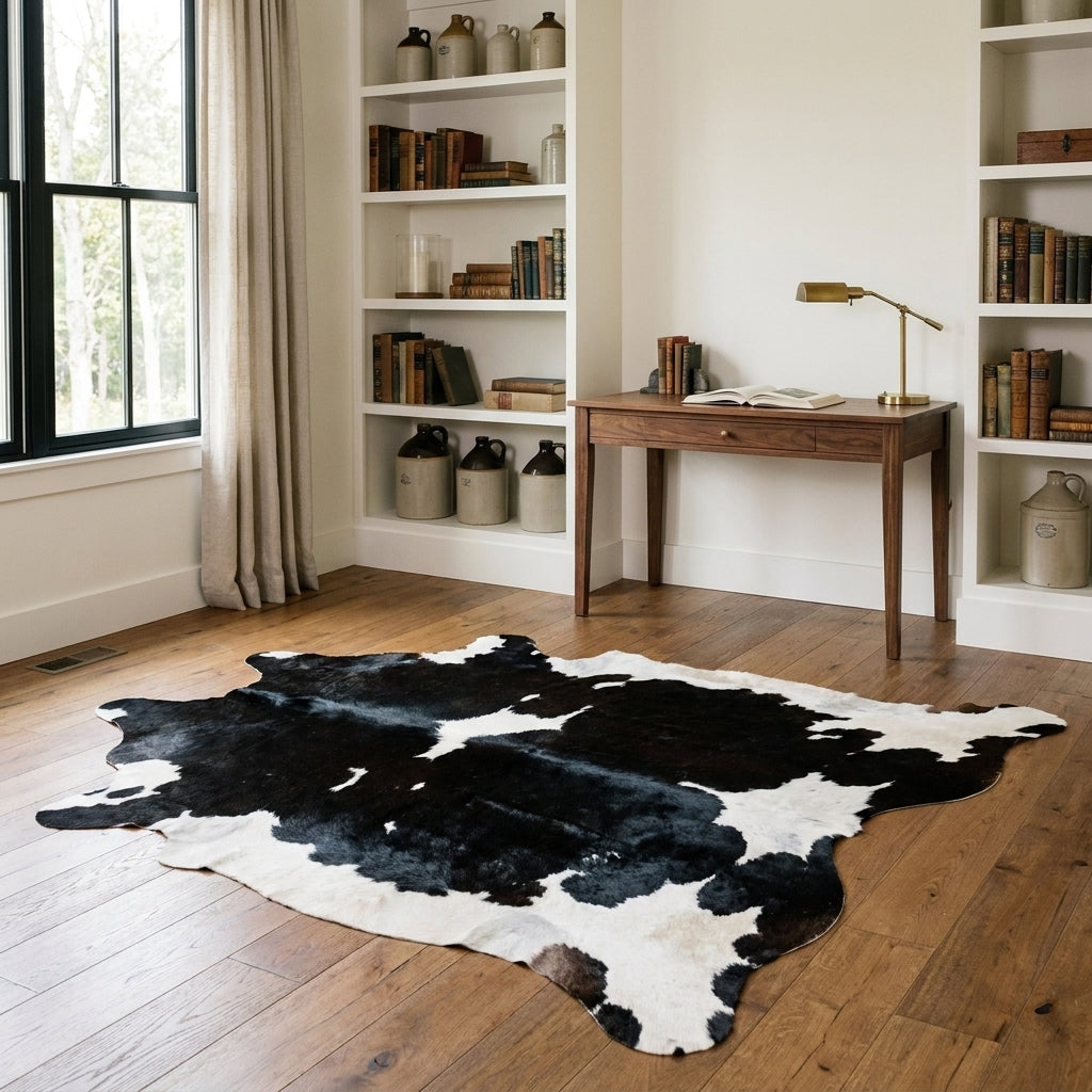 Large black and white cowhide rug on an oak floor in a farmhouse study
