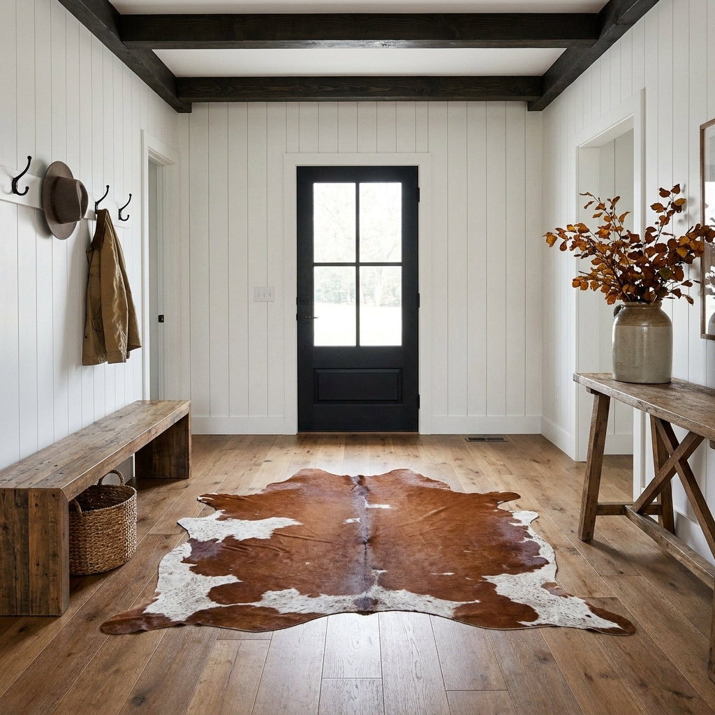 Dark reddish brown and white cowhide rug in a farmhouse entryway with a wood bench and black front door