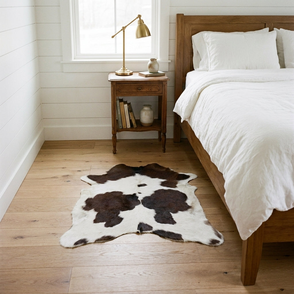 Small white and dark brown calfskin rug beside a bed in a farmhouse bedroom