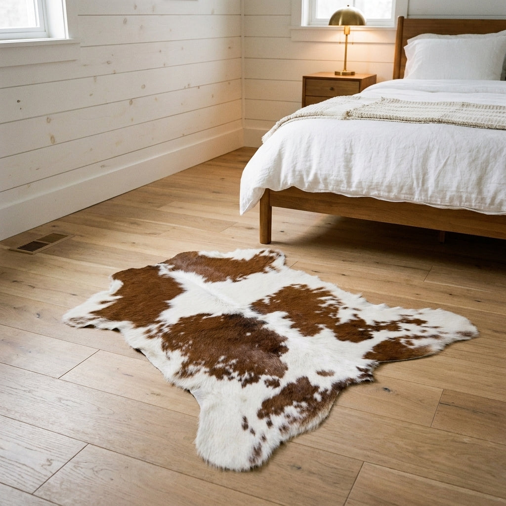 Small brown and white calfskin rug beside a bed in a farmhouse bedroom