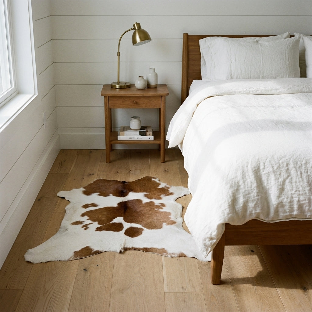 Small white and brown calfskin rug beside a bed in a farmhouse bedroom