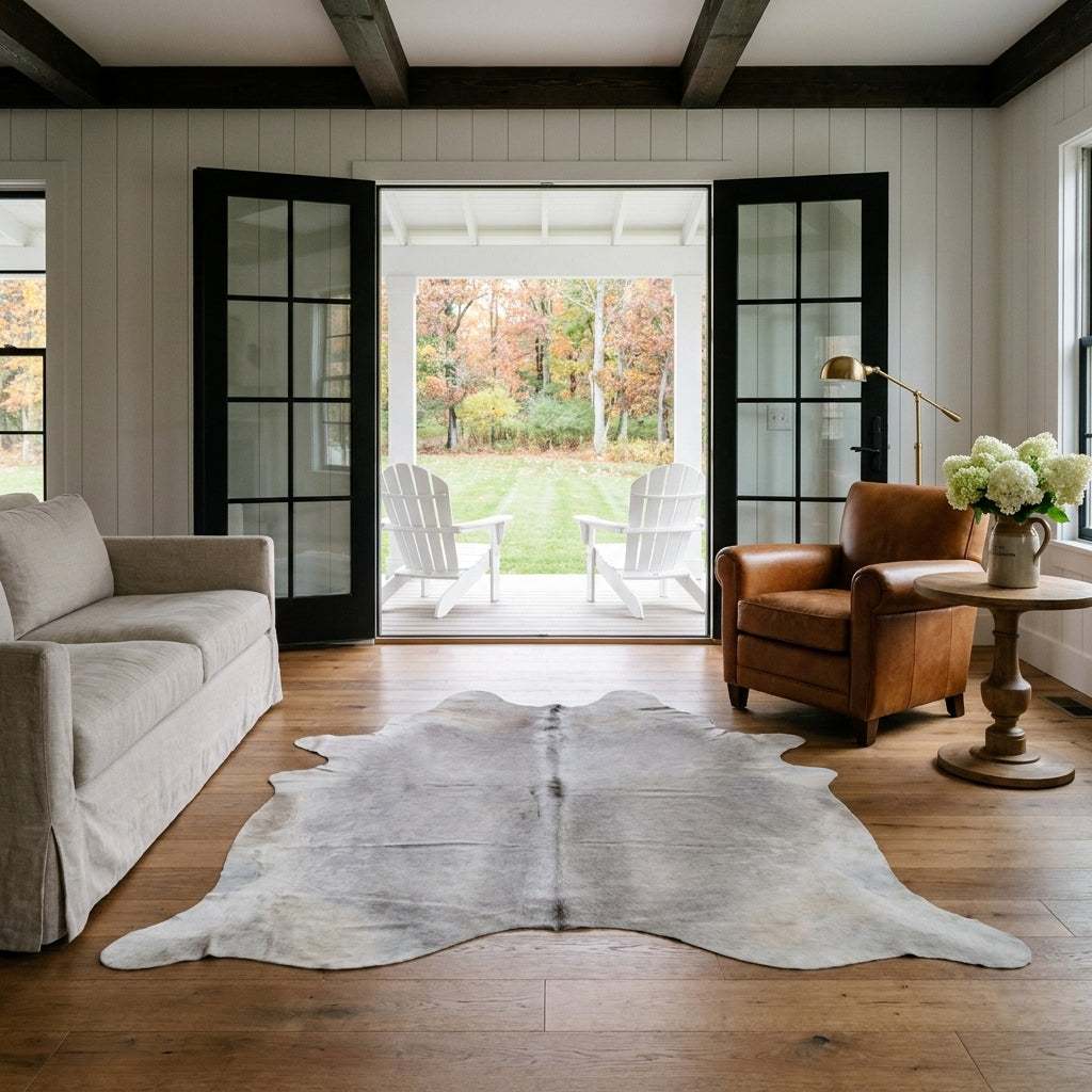 Soft grey cowhide rug in a farmhouse living room with French doors open to a covered porch