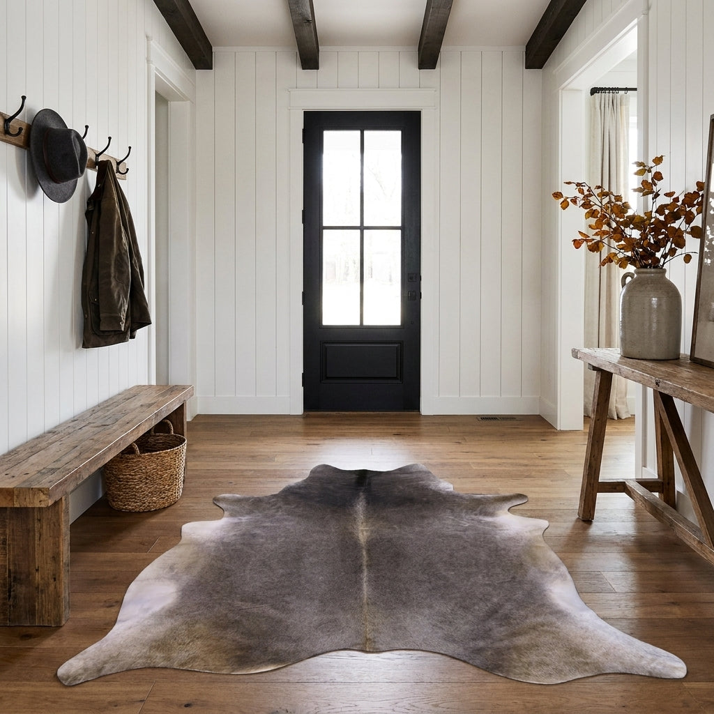 Dark grey cowhide rug in a farmhouse entryway with a wood bench and black front door