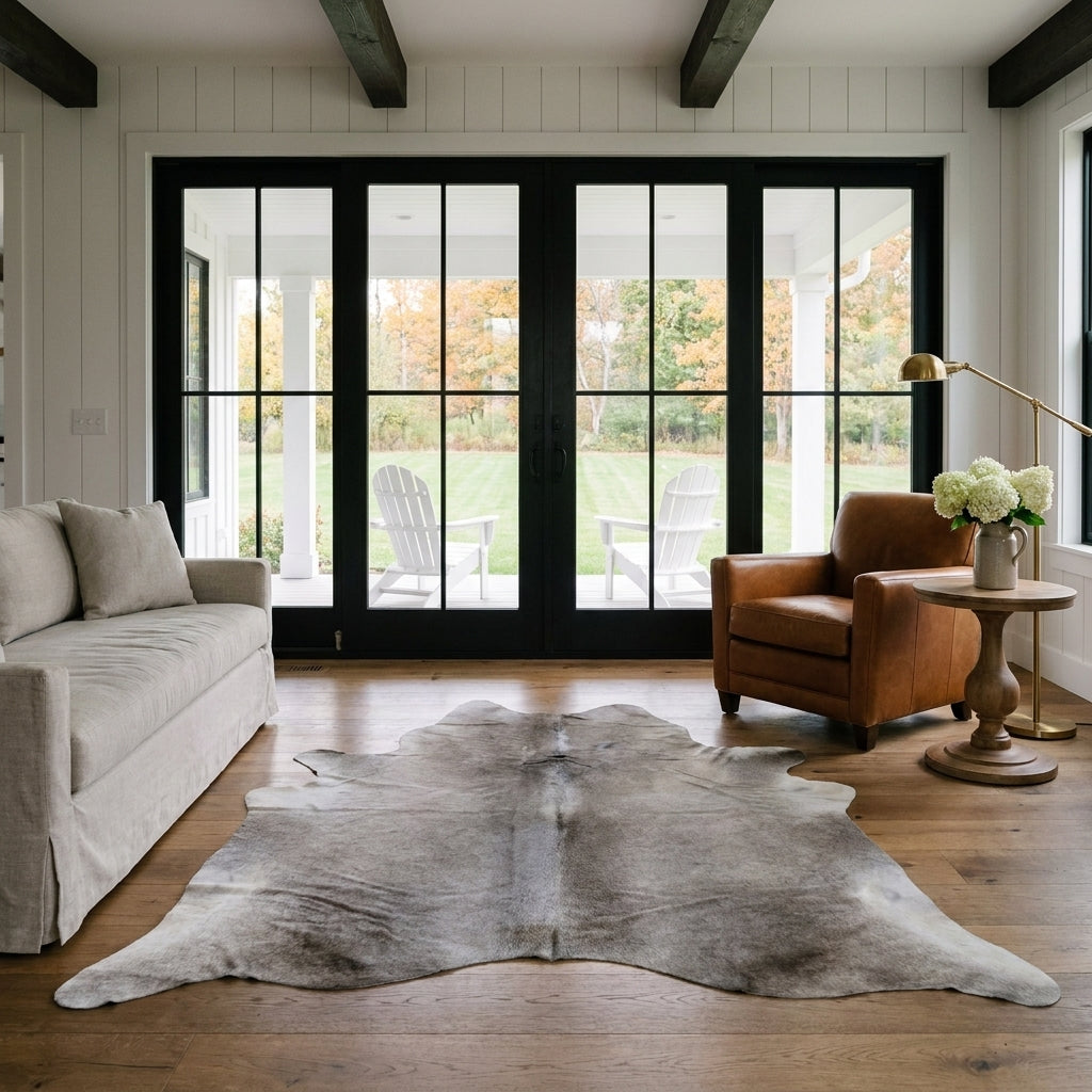 Grey taupe cowhide rug in a farmhouse living room in front of black French doors