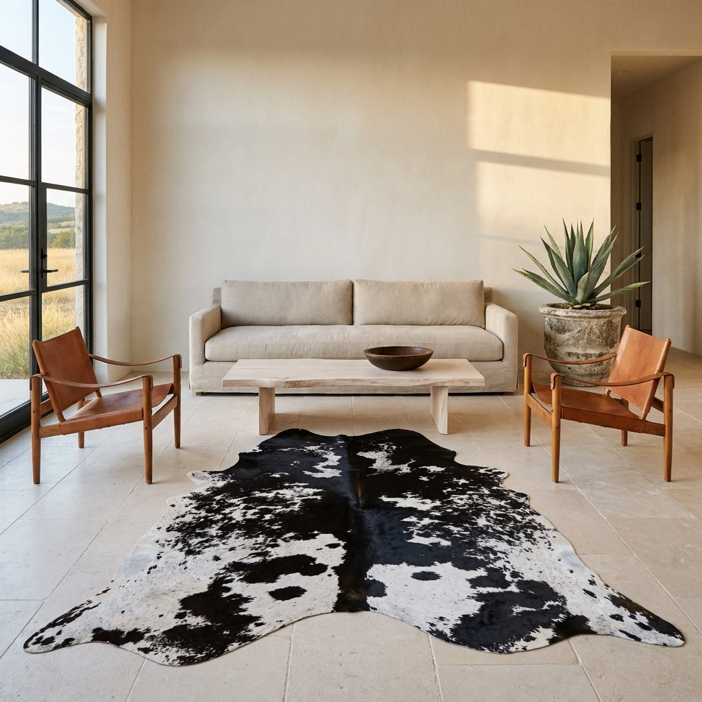 Bold black and white cowhide rug on a limestone floor in a minimal Hill Country living room