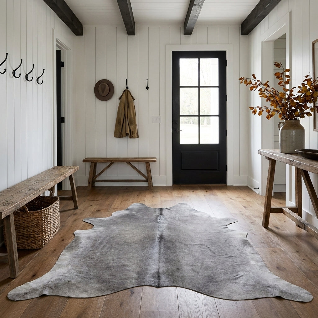 Solid grey cowhide rug in a farmhouse entryway with wood benches and a black front door