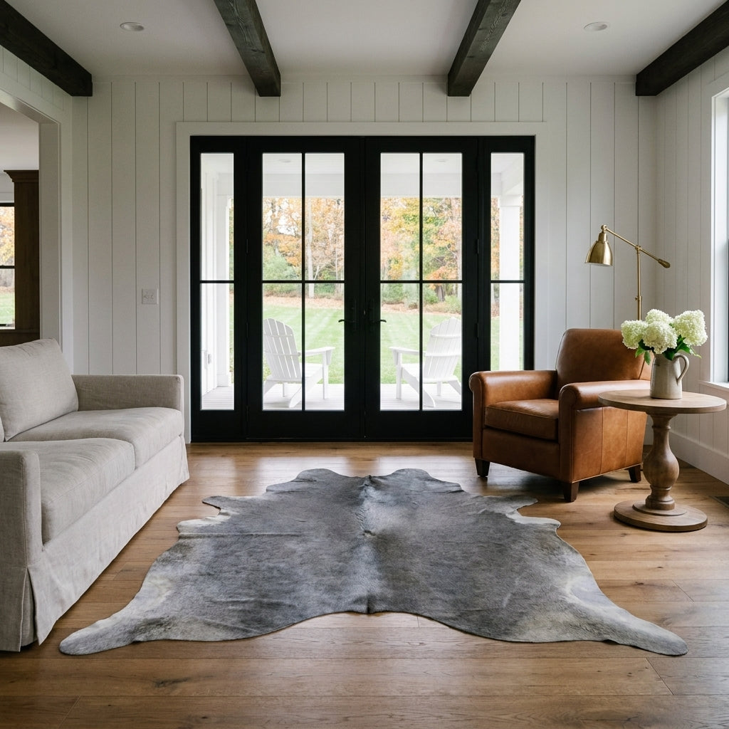 Deep grey cowhide rug in a farmhouse living room in front of black French doors