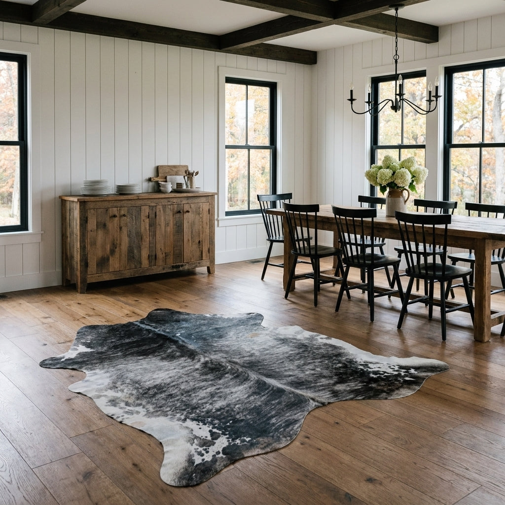 Black and grey brindle cowhide rug in a modern farmhouse dining room beside a rustic wood table