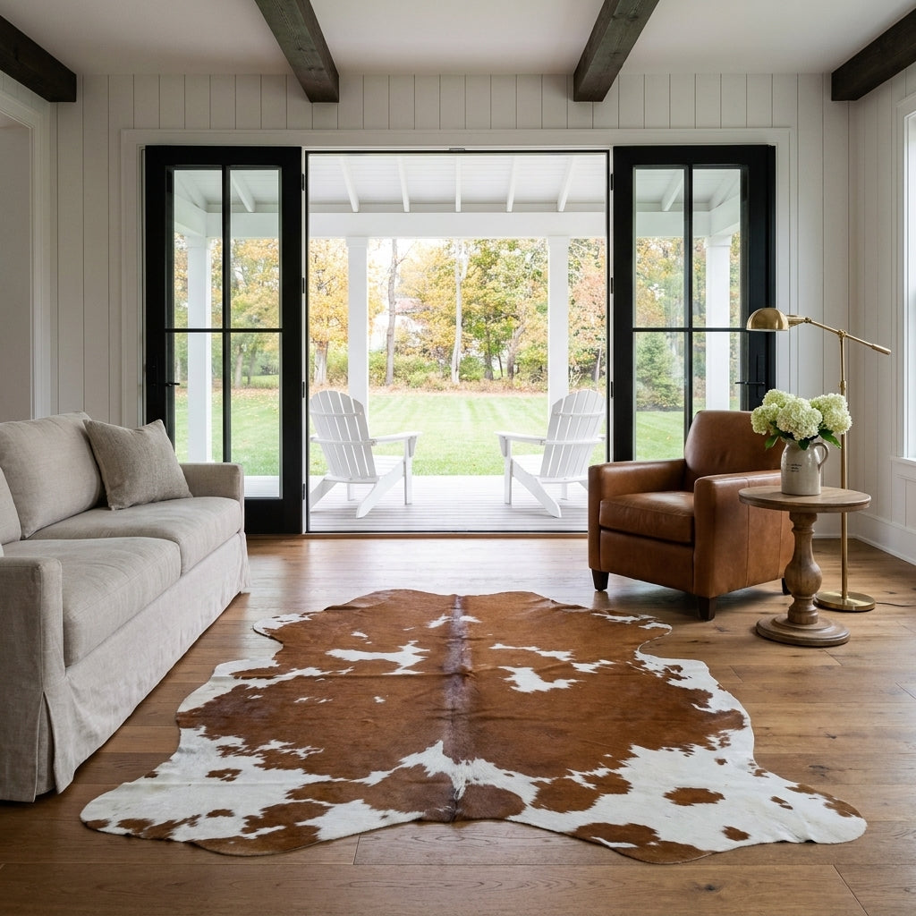 Brown and white cowhide rug in a farmhouse living room with French doors open to a covered porch