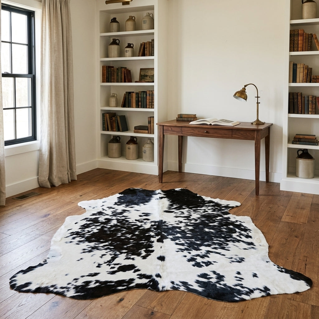 Black and white speckled cowhide rug on an oak floor in a farmhouse study