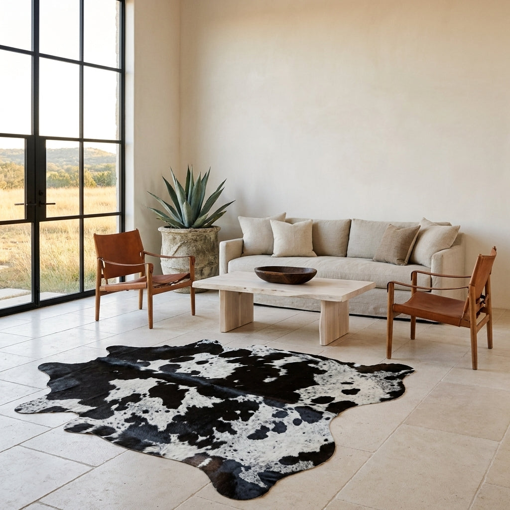 Black and white cowhide rug on a limestone floor in a minimal Hill Country living room