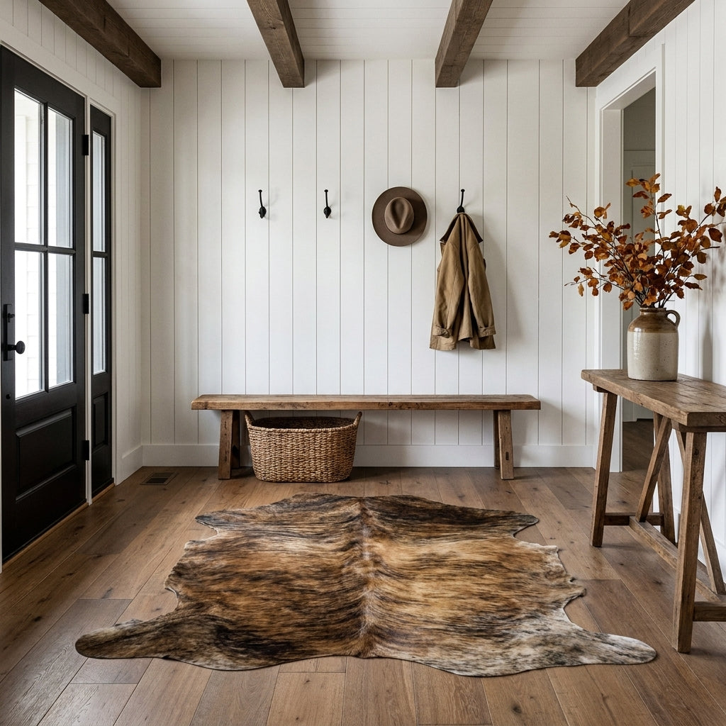 Brindle cowhide rug in a farmhouse entryway with a wood bench and woven basket