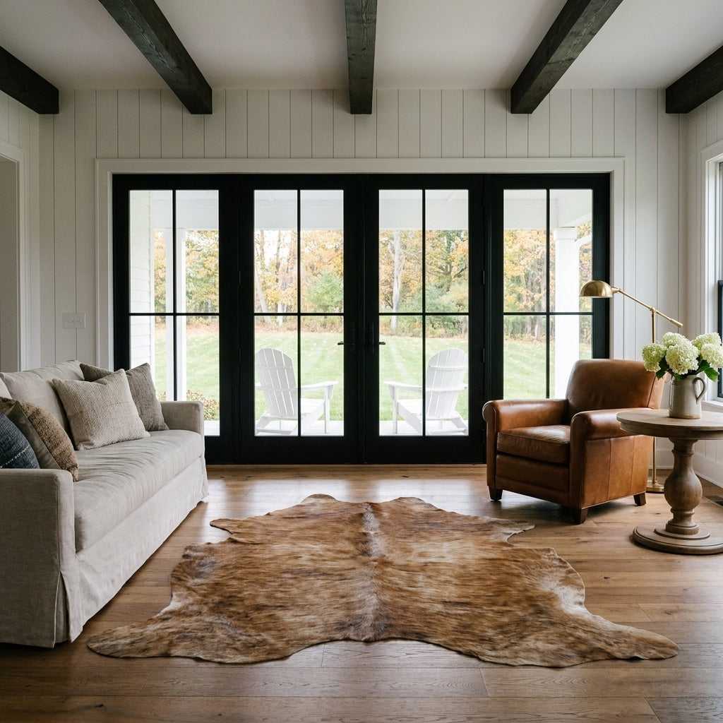Light brindle cowhide rug in a farmhouse living room in front of black French doors