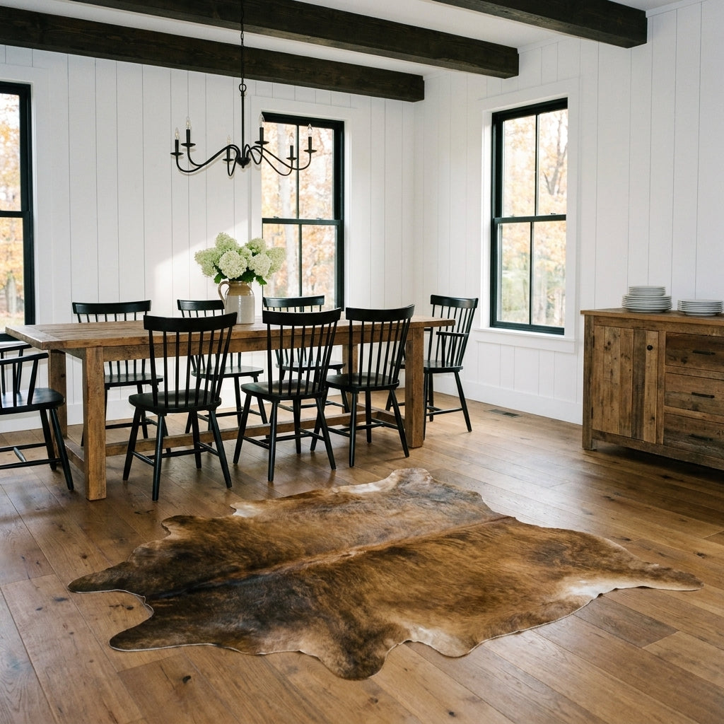 Golden brown brindle cowhide rug in a modern farmhouse dining room beside a rustic wood table