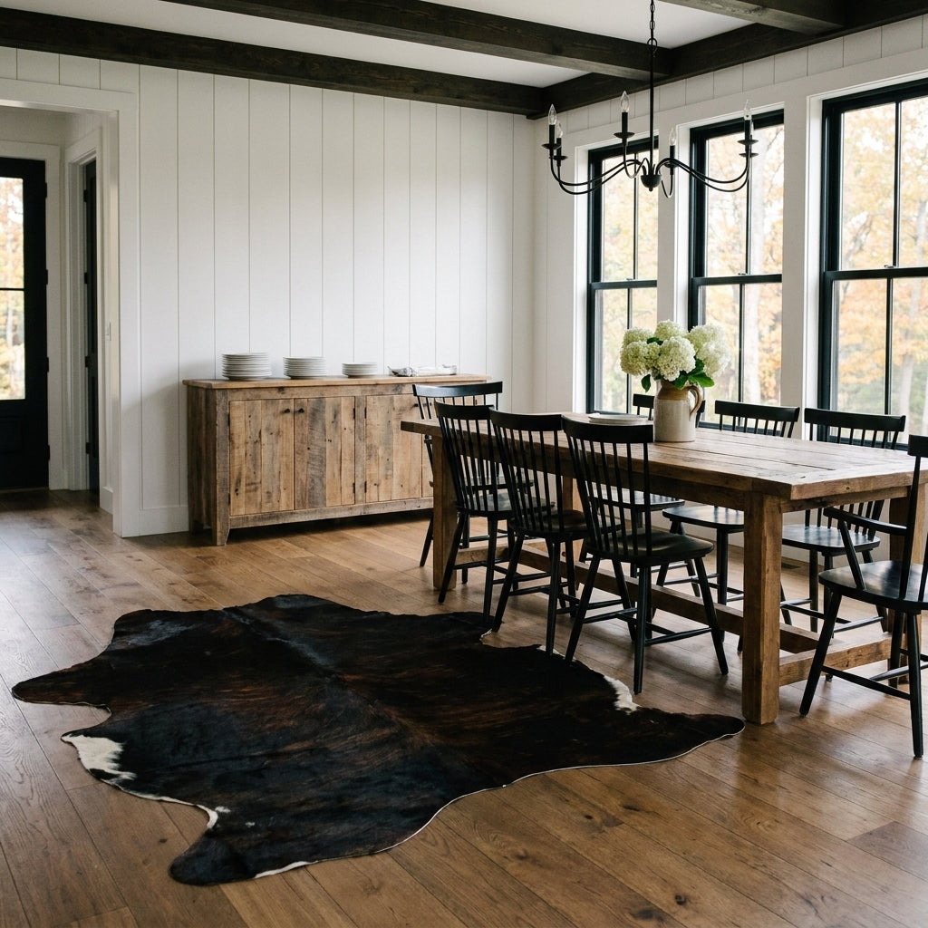 Black and dark reddish brown brindle cowhide rug in a modern farmhouse dining room