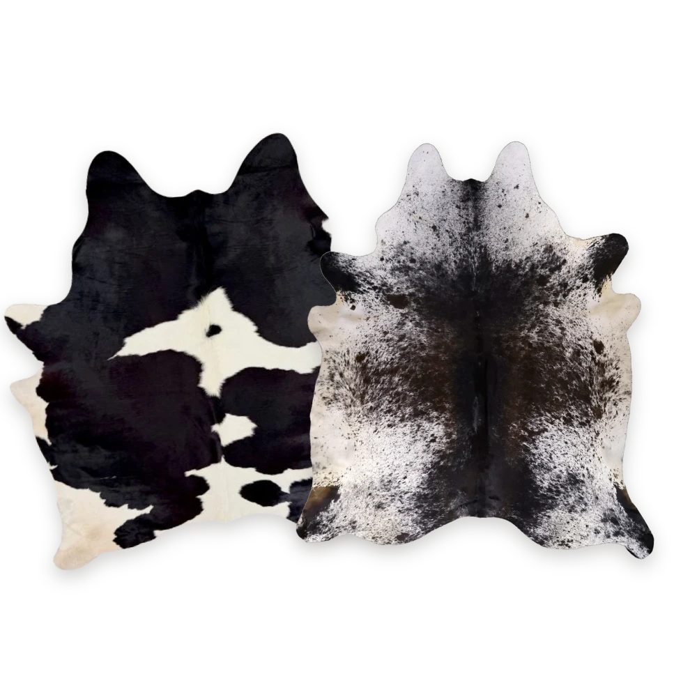 Black and white cowhide rugs, spotted and speckled