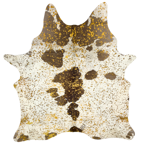 White and Brown Brazilian Cowhide with a Yellow Acid Wash: white with large brown spots, a yellow acid wash, and one brand mark - 7'3" x 5'6" (BRAW268)