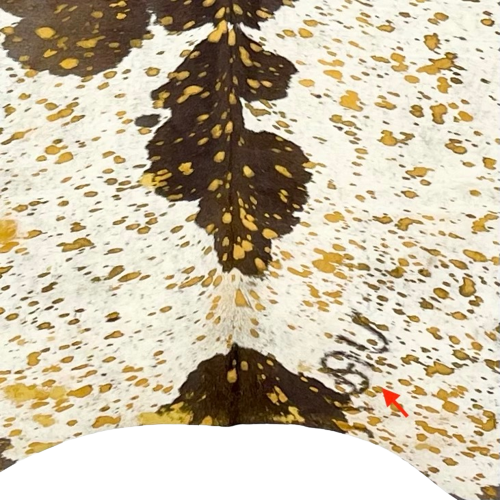 Closeup of this White and Brown Brazilian Cowhide with a yellow acid wash, showing one brand mark on the lower right side (BRAW268)