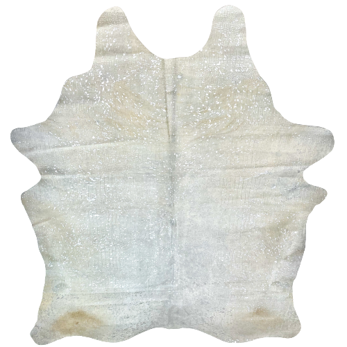 XXL Off-White Brazilian Cowhide w/ Croc Print and Silver Acid Wash: off-white cowhide that has been embossed with a croc print and treated with a silver, metallic acid wash - 8'8" x 6'11" (BRAW287)