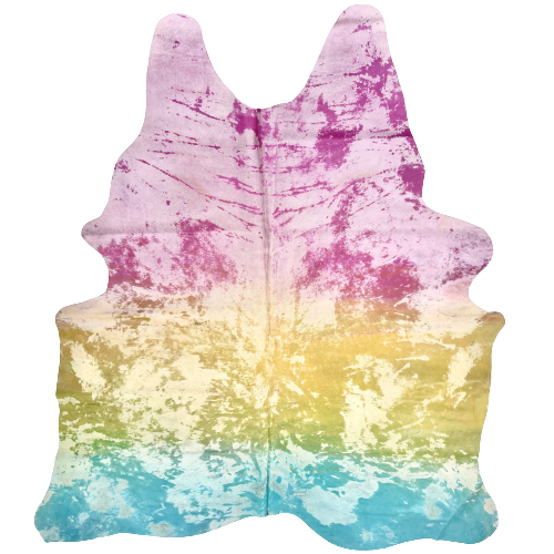 XL Brazilian Cowhide with Rainbow Splash Acid Wash:  acid washed in a rainbow pattern of pink, yellow, and turquoise - 8' x 5'11" (BRAW305)