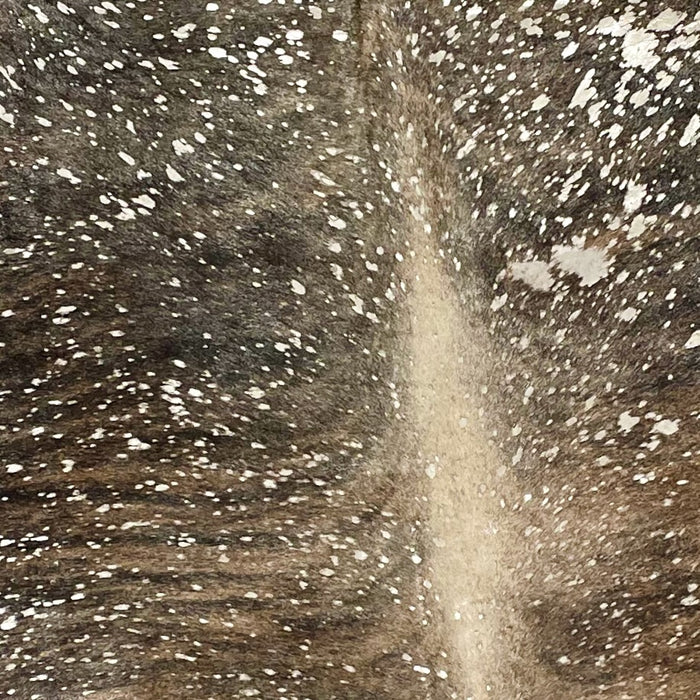 Closeup of this brown and black, Brazilian, brindle cowhide, showing a metallic, champagne acid wash (BRAW361)
