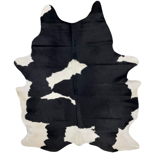 XL Black and White Brazilian Cowhide:  black with three large, white spots down the middle, and white on the belly and shanks - 8'3" x 6'1" (BRBKW221)