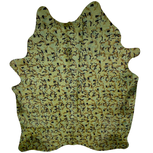 Camouflage Print on Large Brazilian Cowhide: cowhide has been dyed military green, then stenciled with a camouflage print  - 7'6" x 5'8" (BRCAM005)