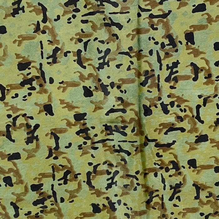 Closeup of this Large, Brazilian Cowhide, showing the stenciled camouflage print on military green (BRCAM005)