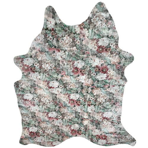 Brazilian Leather Hide w/ Floral Print, NO HAIR:  leather with a floral print, that has green leaves and pink and white flowers, this is a leather hide with no hair - 7'2" x 5'3"(BRFP001)