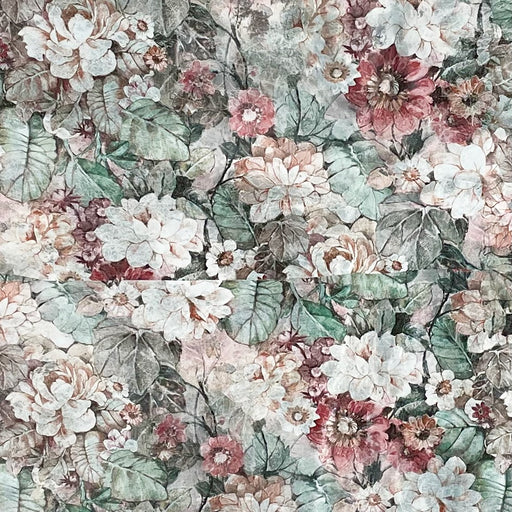 Closeup of this Brazilian, Leather Hide, showing a floral print, that has green leaves, and pink and white flowers (BRFP001)