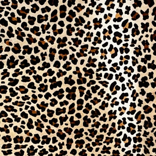 Closeup of this Light Brown, Brazilian Cowhide, showing a brown and black, Leopard Print (BRLP072)