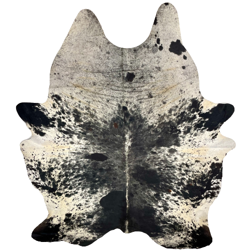 XL Black and Off-White Brazilian Speckled Cowhide: off-white with black speckles and spots, and has cloudy black spots down the middle. It also has one brand mark near the right, fore shank, and one near the bottom edge of the hide - 8'4" x 6'5" (BRSP1311)