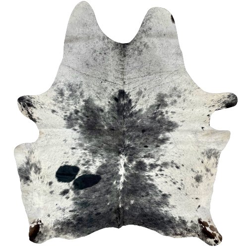 Black and White Brazilian Salt & Pepper Cowhide, 2 brand marks: white with black speckles and spots  - 7' x 5'9" (BRSP1385)