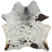 Tricolor Speckled Brazilian Cowhide, 1 brand mark:  white with black speckles and spots, and has a few dark brown spots, one brand mark along the lower edge, on the right side - 6'11" x 6'1" (BRSP1448)