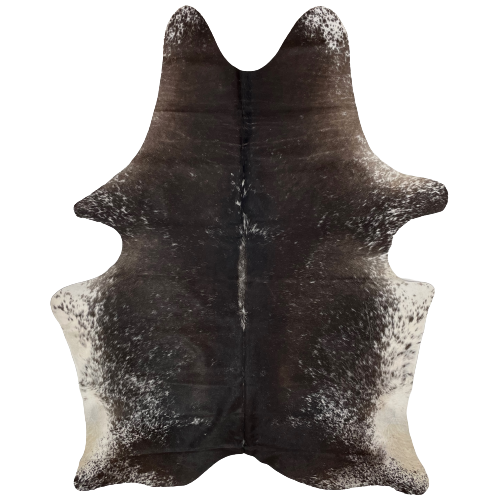 Large Dark Brown and White Speckled Brazilian Cowhide:   dark brown with white speckles, and white with dark brown speckles on the belly - 7'8" x 5'7" (BRSP1531)